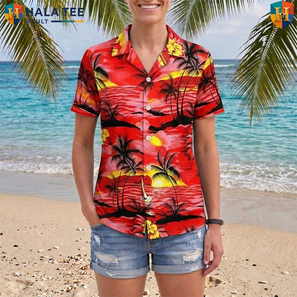Red Palm Tree Tropical Shirt Mens Tropical Casual Summer Beach Outfit