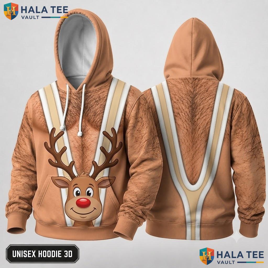 Reindeer Face Humorous Xmas 3D Hoodie Funny Festive Mens Womens