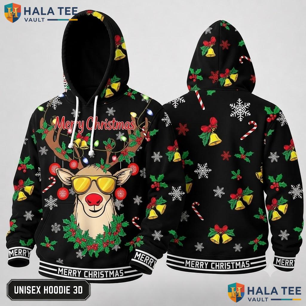Reindeer Graphic Black Whimsical Xmas 3D Hoodie Merry Sweatshirt