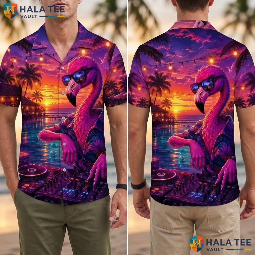 Retro Flamingo Dj Hawaiian Shirt Vibrant Graphic Short Sleeve Casual Top Adult
