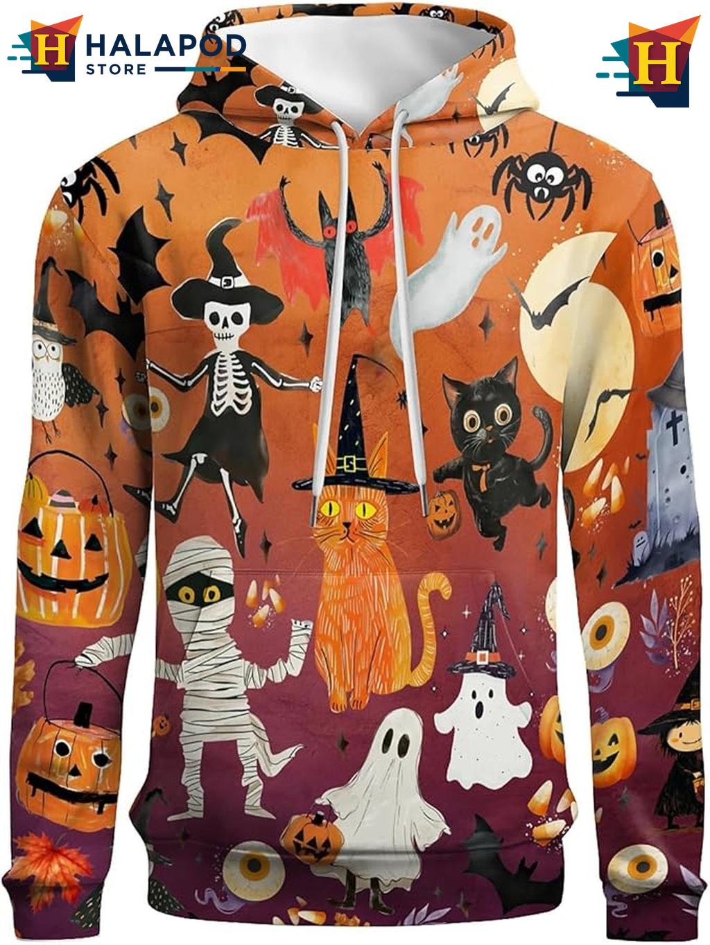 Retro Halloween Collage 3D Hoodie Spooky Cat Ghost Pumpkin Fall Pullover