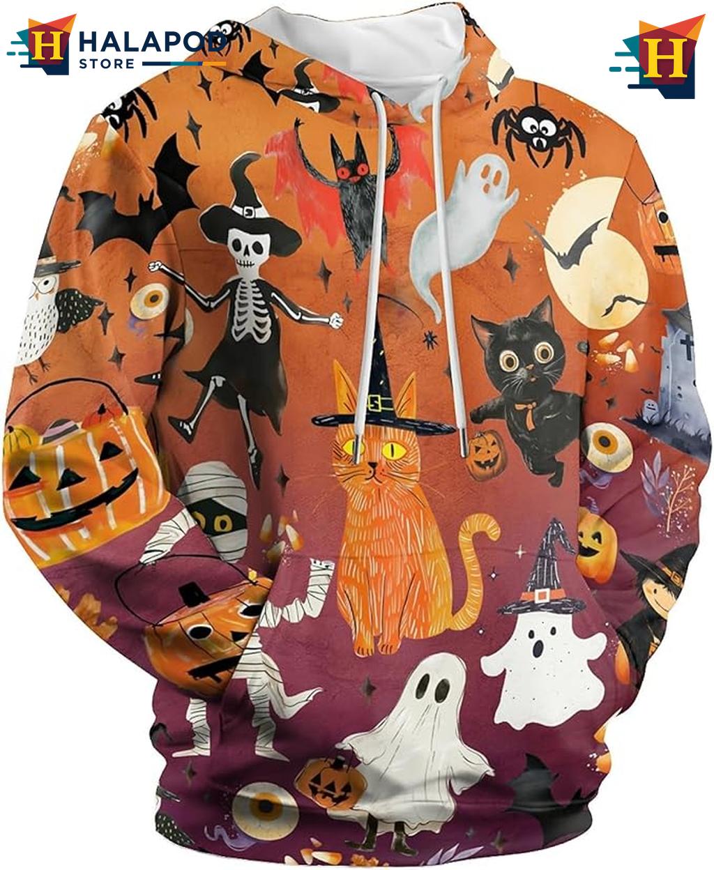 Retro Halloween Collage 3D Printed Hoodie Spooky Cat Ghost Pumpkin Fall Pullover