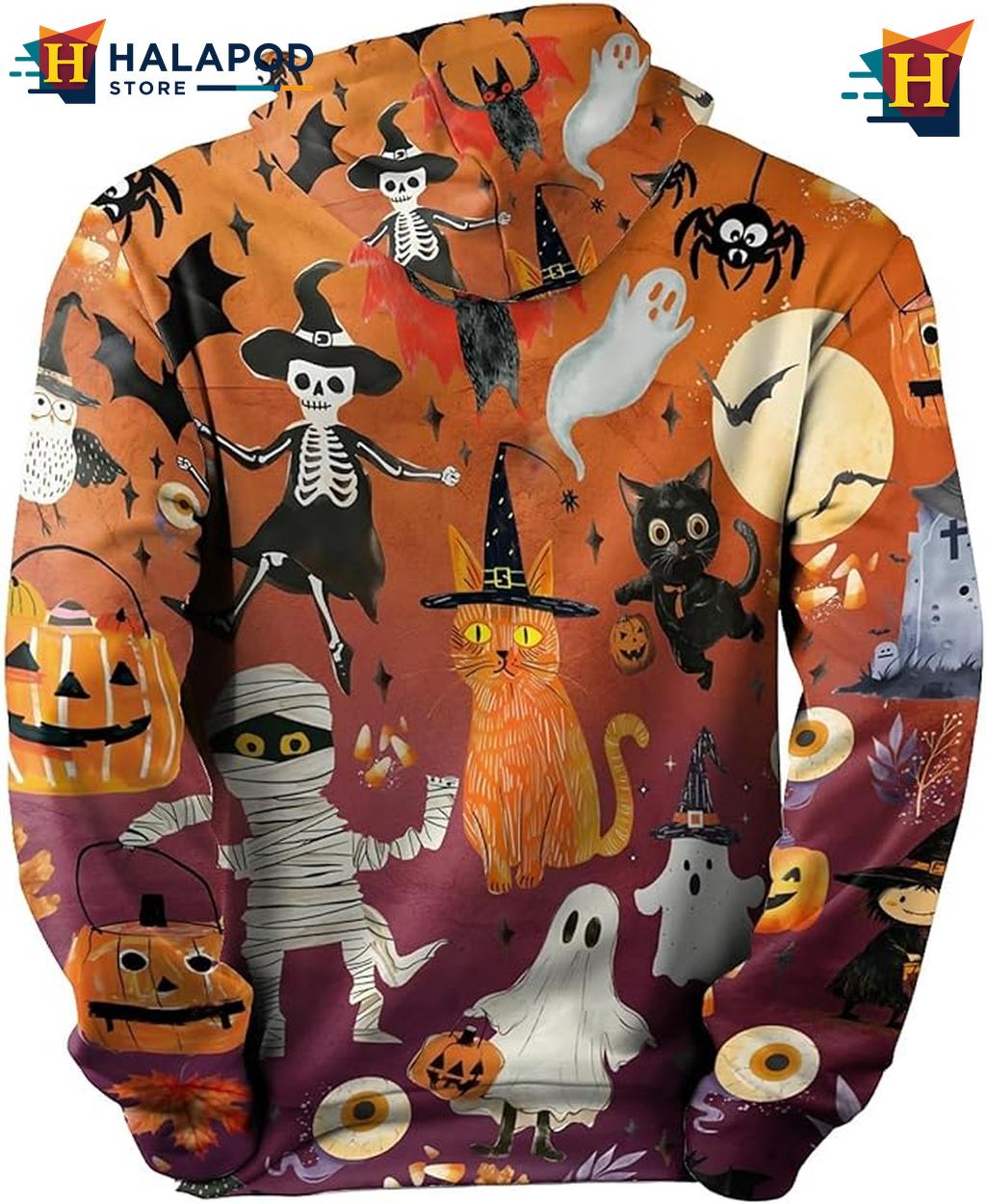 Retro Halloween Collage AOP Hoodie Spooky Cat Ghost Pumpkin Fall Pullover