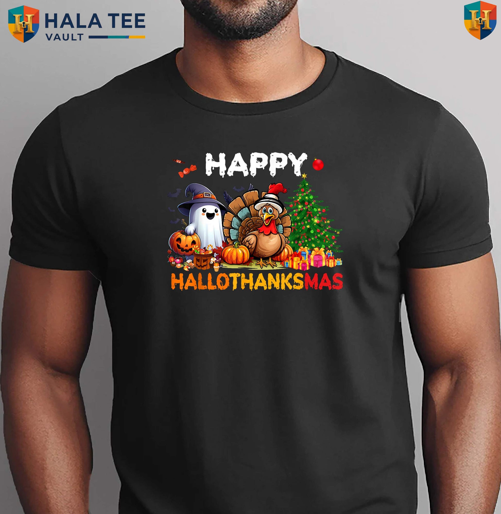 Retro Happy HalloThanksMas Holiday Shirt Halloween Thanksgiving Christmas Top