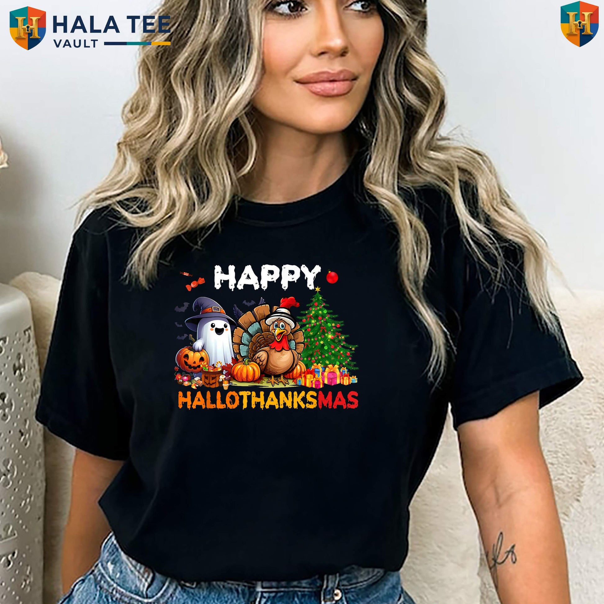 Retro Happy HalloThanksMas Holiday TShirt Halloween Thanksgiving Christmas Top
