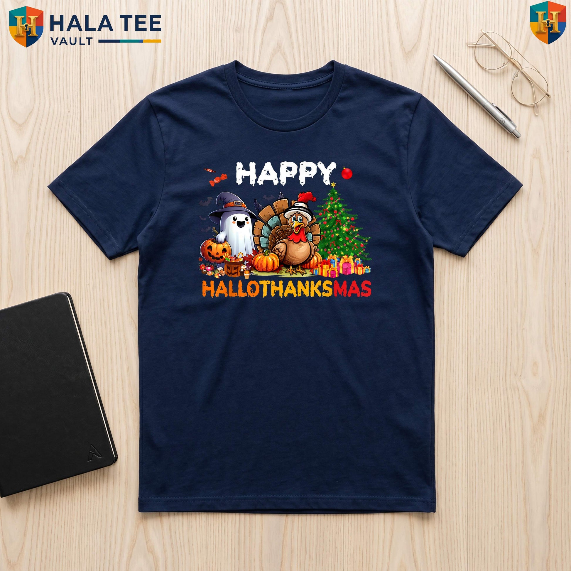 Retro Happy HalloThanksMas Holiday Tee Halloween Thanksgiving Christmas Top