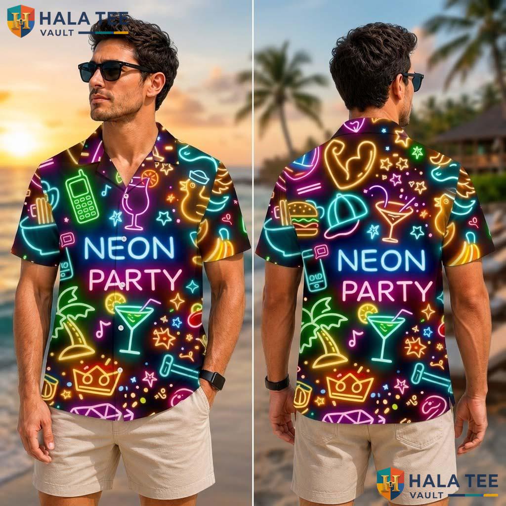 Retro Neon Funny Tropical Shirt Mens Novelty Graphic Aloha Beach Top