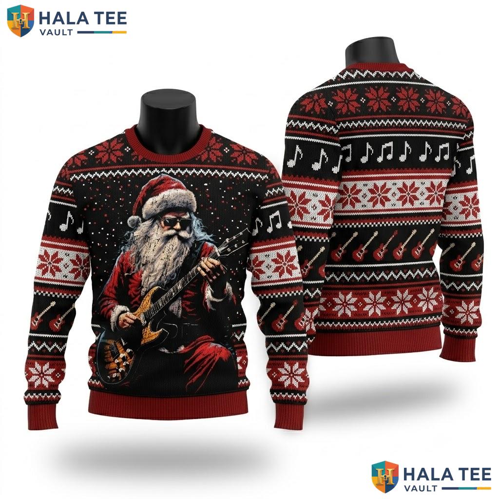 Rock Guitar Santa Claus Christmas Sweater Playing Music Holiday