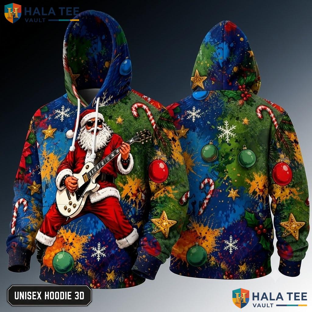 Rockstar Santa Guitar Xmas 3D Hoodie Cool Festive Mens Pullover