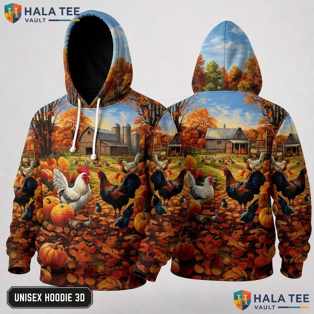 Rooster Farm Chickens Thanksgiving 3D Hoodie Vintage Autumn Pumpkins