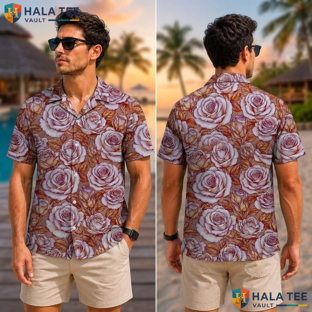 Rose Pattern Farm Life Tropical Shirt Mens Aloha Button Down Summer