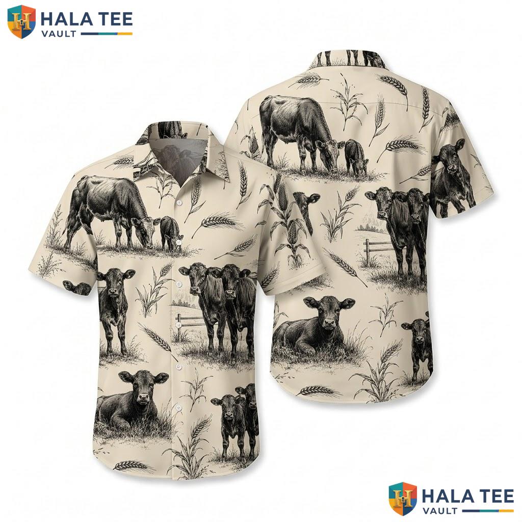 Rustic Cow Vintage Hawaiian Shirt Pastoral Cows Wheat Summer Button Down Top