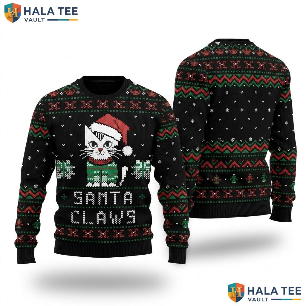 Santa Claw Cat Ugly Christmas Sweater Teen Girls Xmas Holiday Top