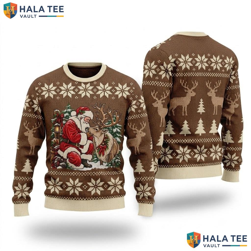 Santa Reindeer Ugly Christmas Sweater Vintage Festive Xmas Holiday Knit