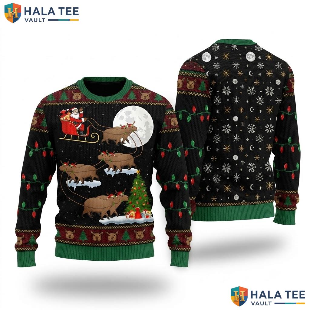 Santa Riding Capybara Christmas Sweater Funny Xmas Lights Holiday