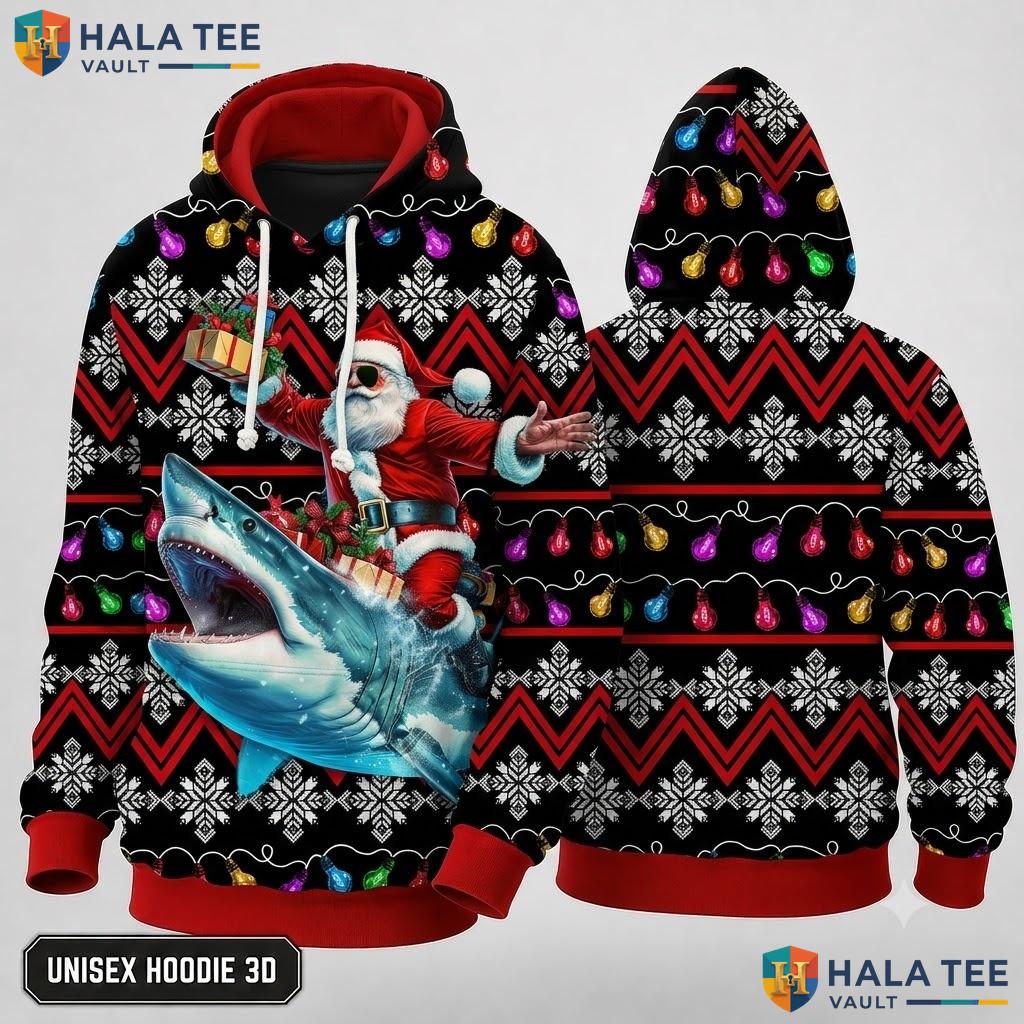 Santa Shark Colorful Xmas 3D Hoodie Funny Holiday Mens Womens Top