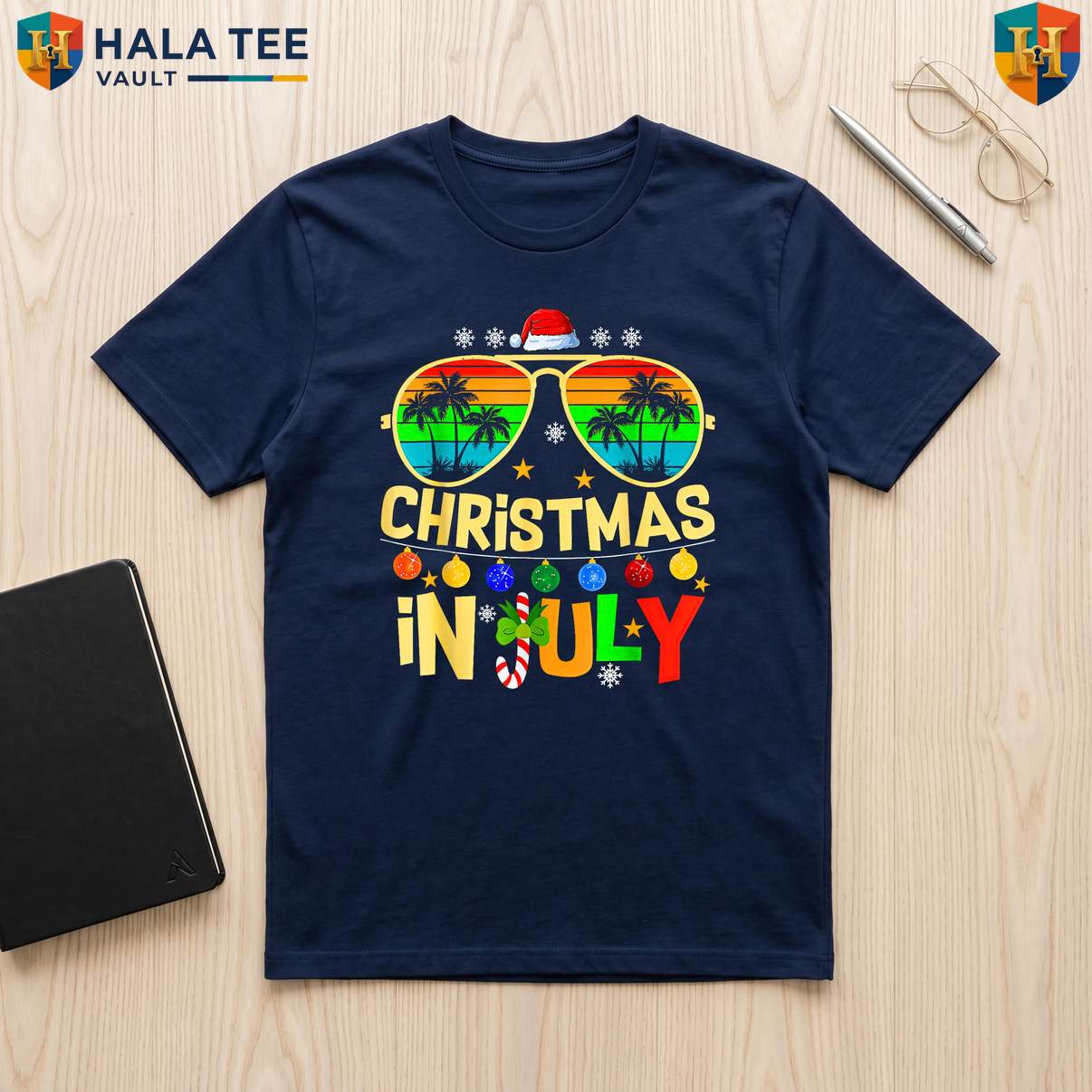Santa Sunglasses Beach July TShirt Summer Christmas Holiday Party Graphic Top