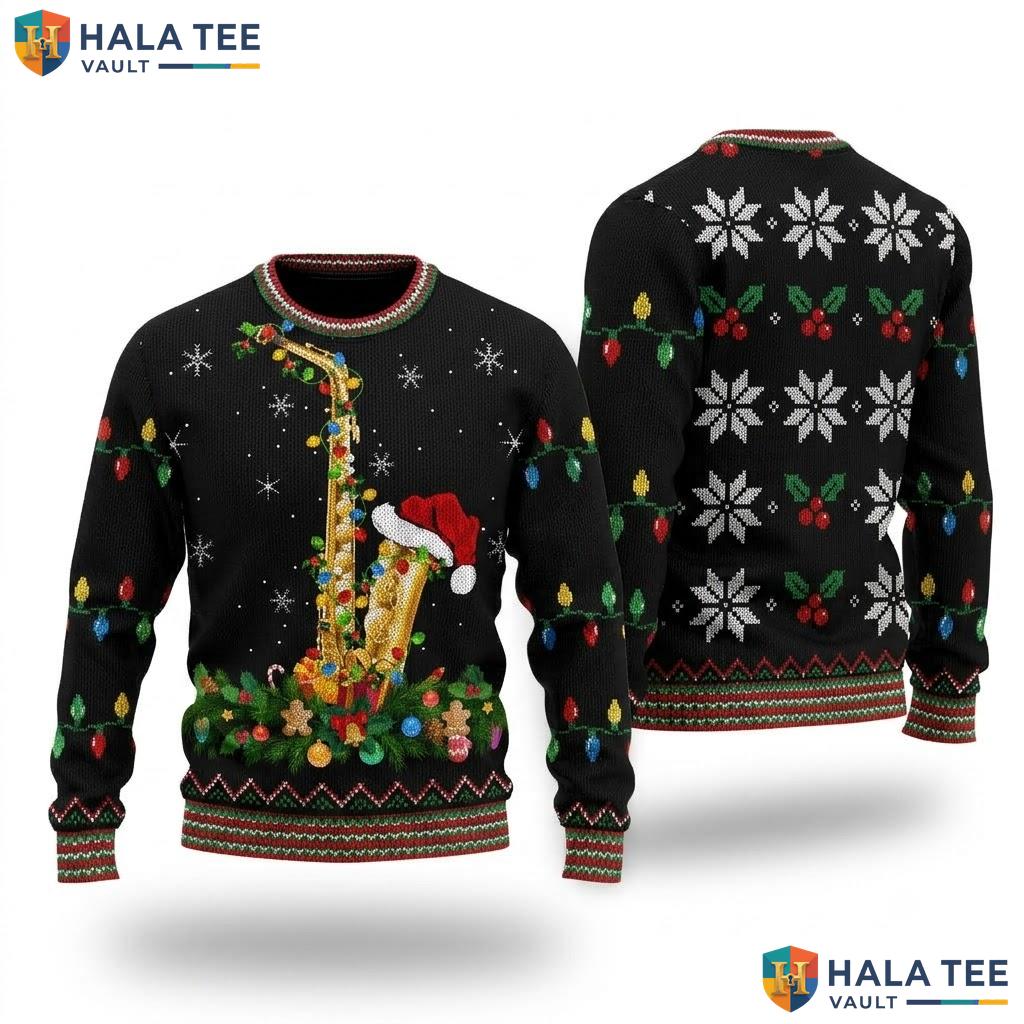 Saxophone Lights Jazz Ugly Christmas Sweater Music Lover Holiday Top