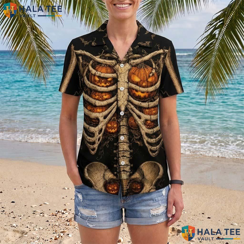 Scary Bones Halloween Hawaiian Shirt 3D Pumpkin Skeleton Aloha Top Adult