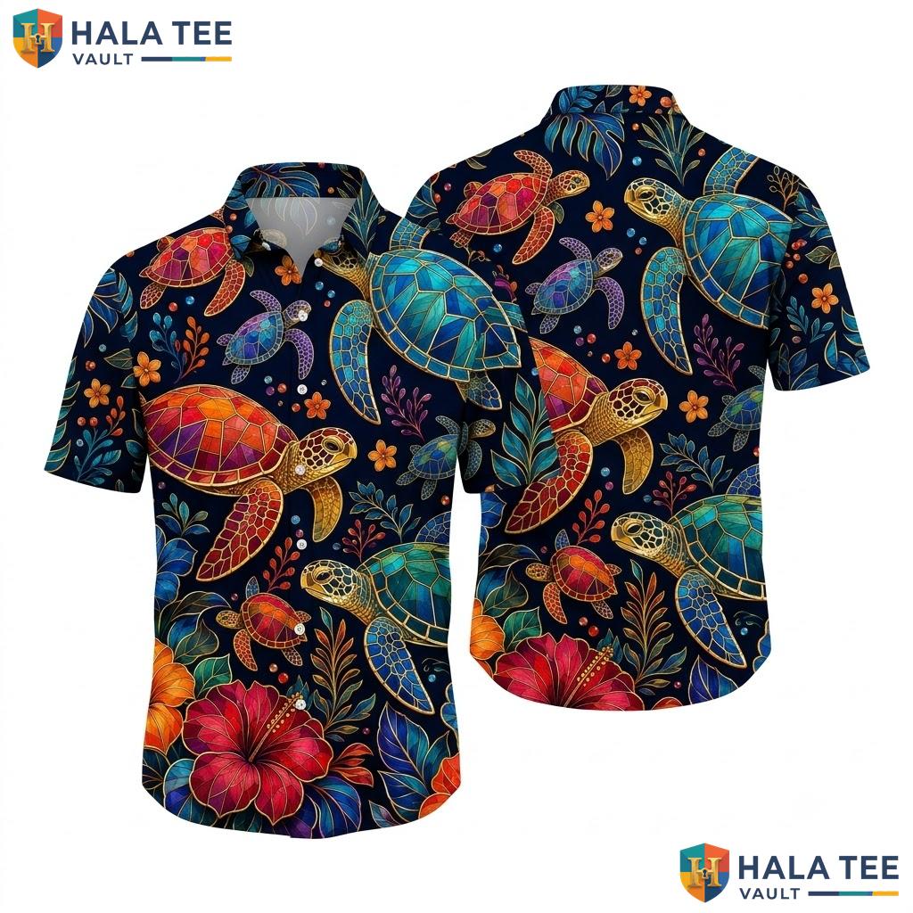 Sea Turtle Floral Hawaiian Shirt Vibrant Beachwear Tropical Button Down