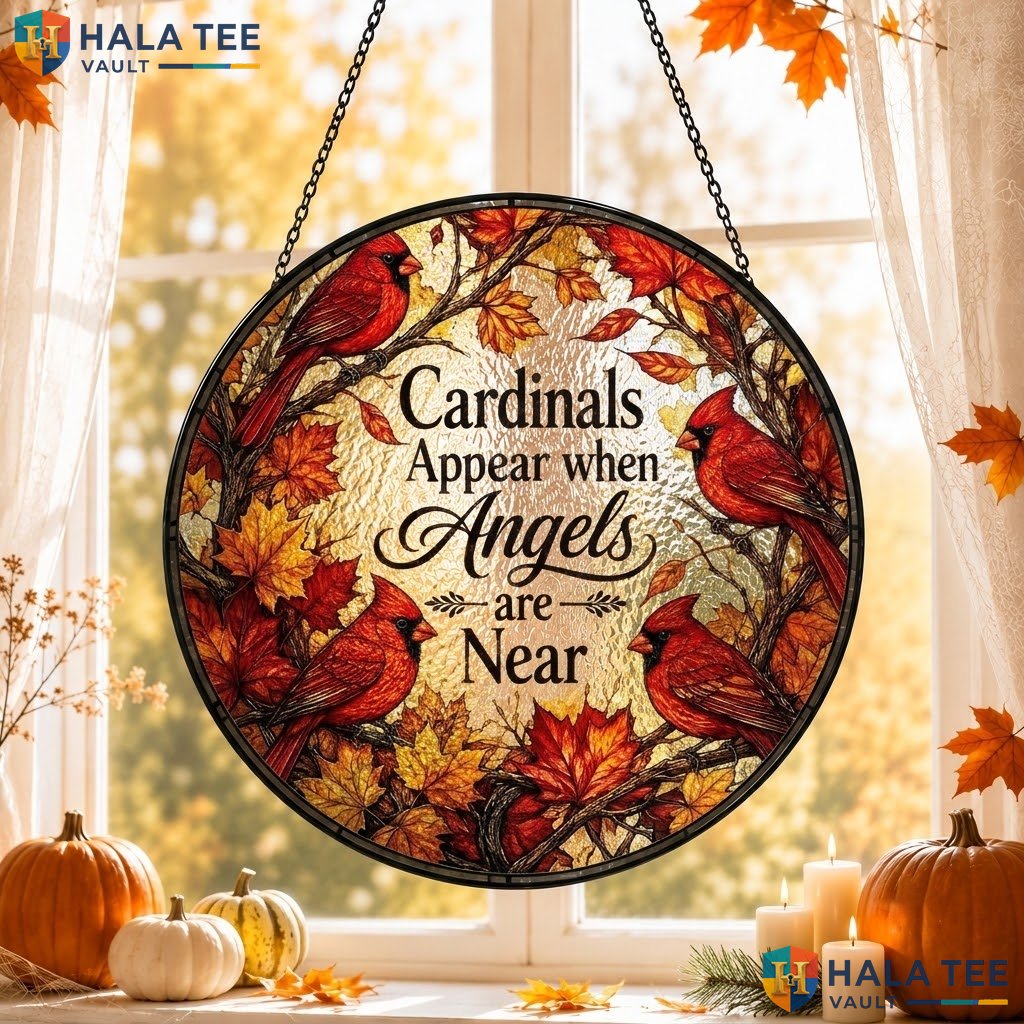 Sentimental Cardinals Halloween Stained Glass Suncatcher Autumn Leaf Room Art Adult