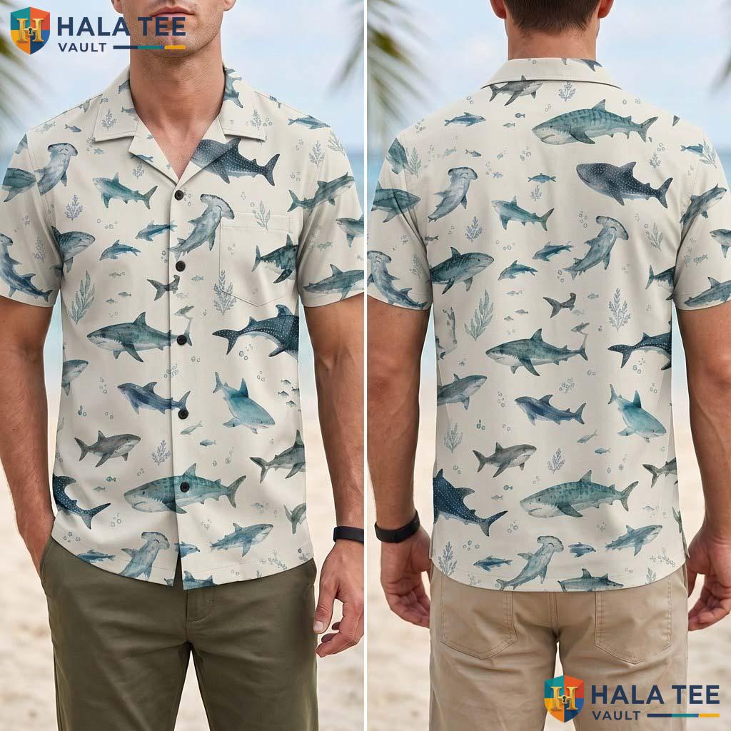 Shark Marine Halloween Hawaiian Shirt Ocean Summer Vacation Aloha Top Adult