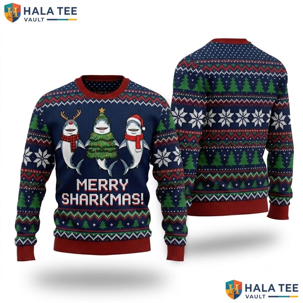 Shark Santa Reindeer Christmas Sweater Vintage Ocean Holiday Top
