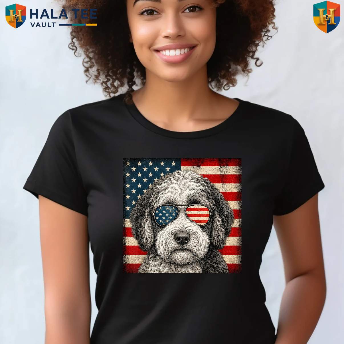 Sheepadoodle American Flag Tee Shirt Fourth Of July Patriotic Dog Lover Apparel