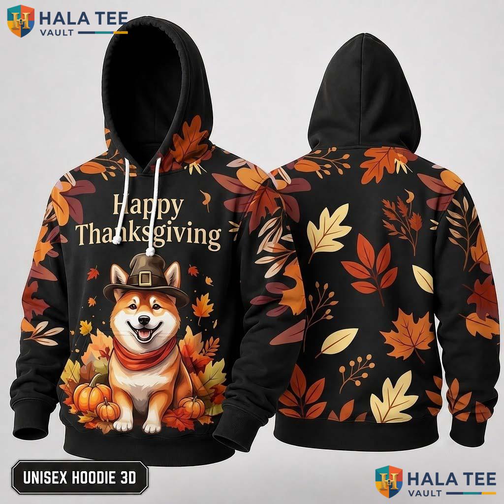 Shiba Inu Pumpkins Thanksgiving 3D Hoodie Proud Cute Autumn Leaves