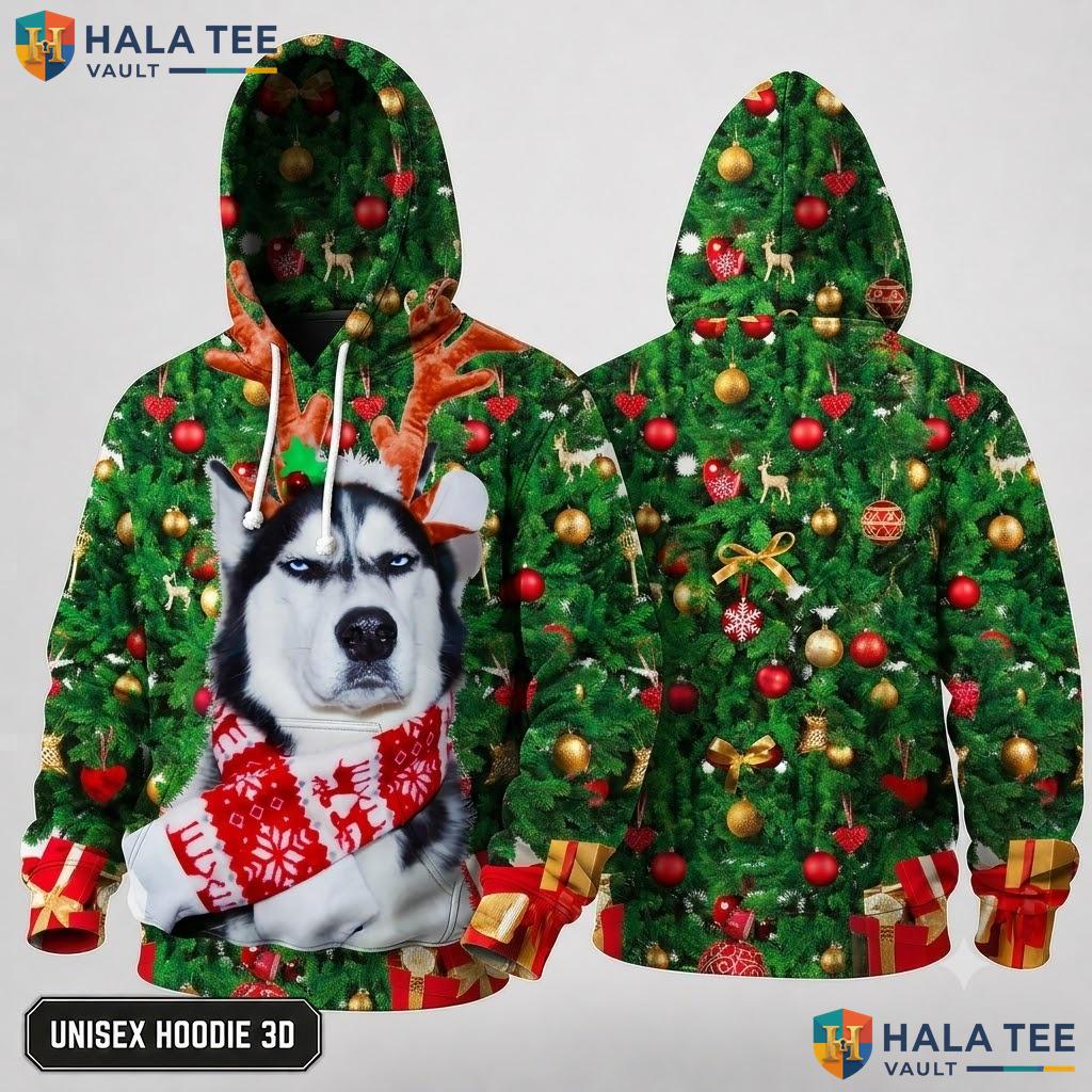 Siberian Husky Scarf Antlers Xmas 3D Hoodie Funny Holiday Outfit