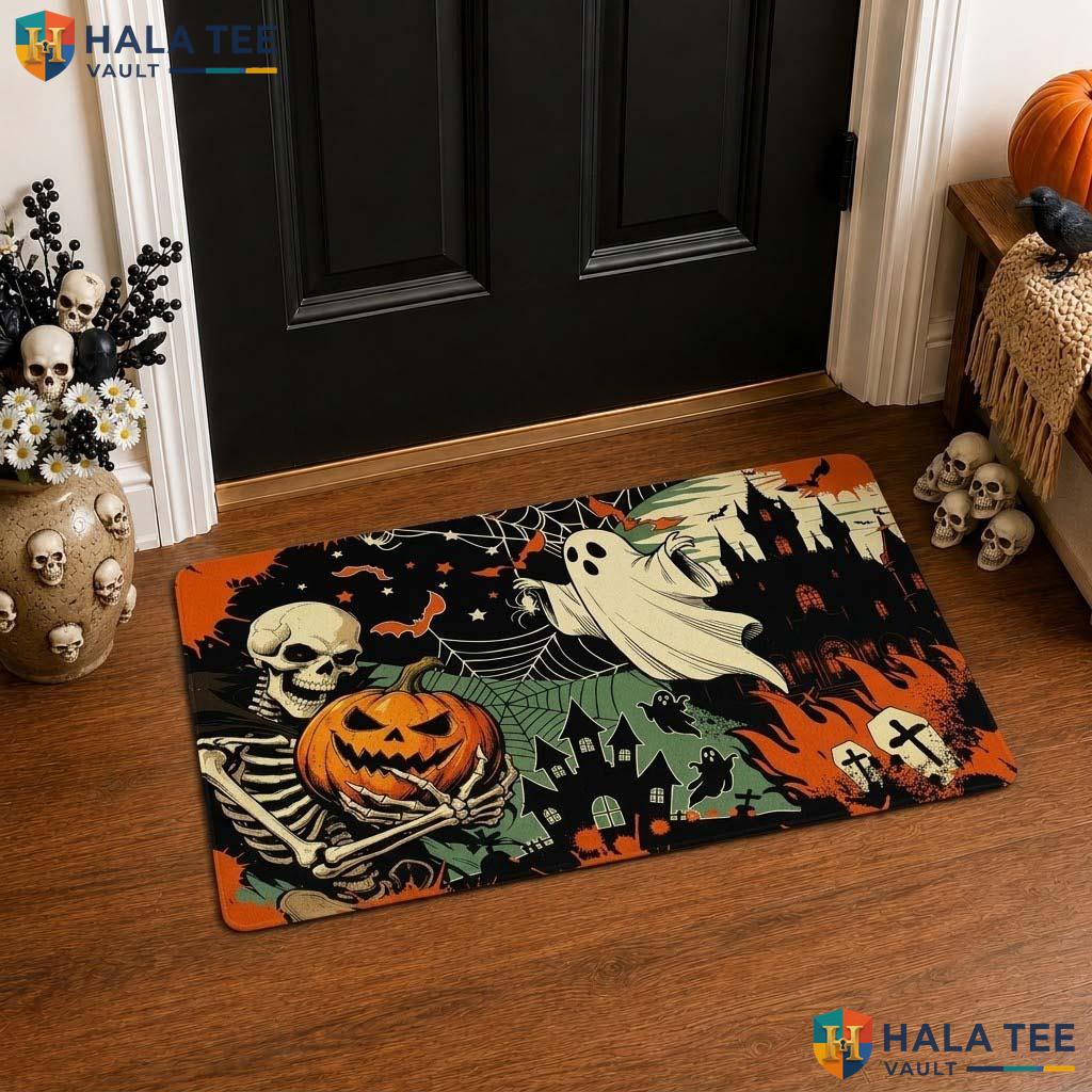 Skeleton Bat Halloween Front door mat Playful Spooky Pumpkin Ghost Entrance Rug