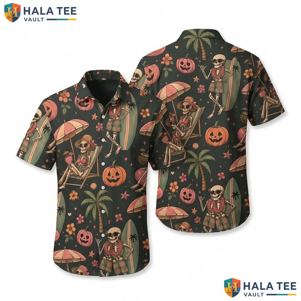 Skeleton Beach Halloween Hawaiian Shirt Tiki Summerween Aloha Top