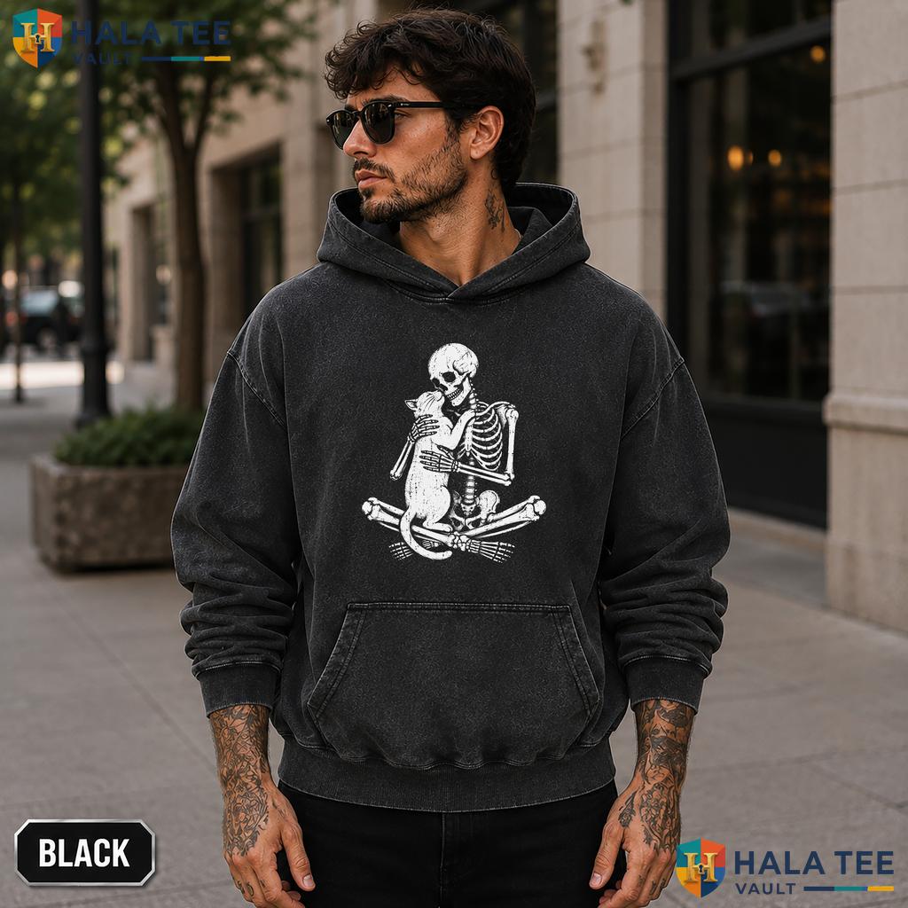 Skeleton Cat Acid Washed T-Shirt Funny Spooky Halloween Costume For Kitty Lover
