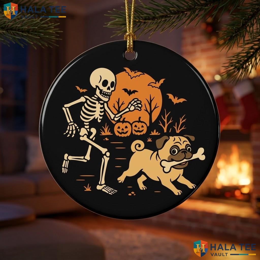 Skeleton Chasing Pug Christmas Ornament Funny Dog Lover Holiday Decor