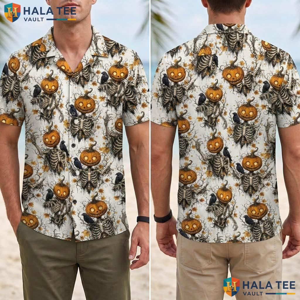 Skeleton Crow Halloween Hawaiian Shirt Spooky Gothic Pumpkin Aloha Adult