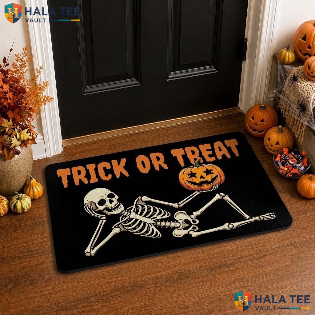 Skeleton Pumpkin Fall Front door mat Trick Or Treat Welcome Rug Entryway Decor