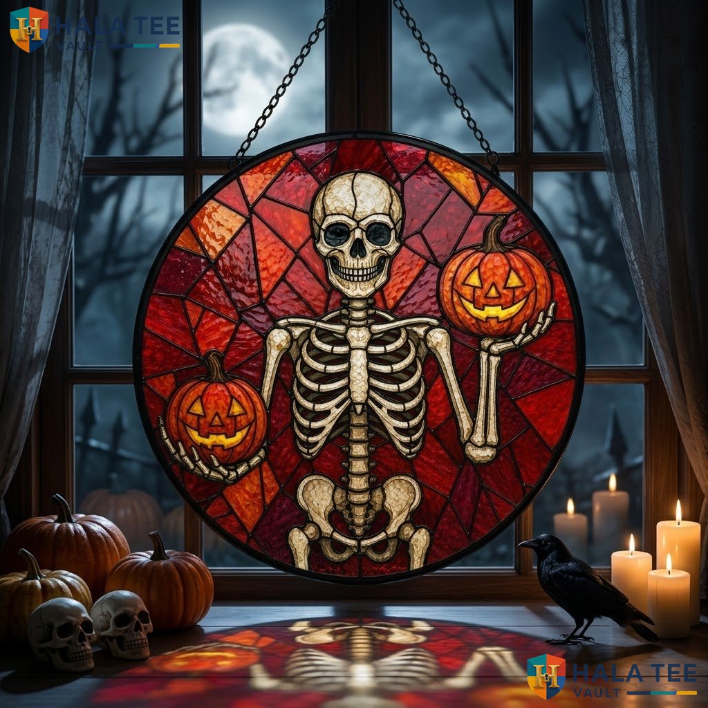 Skeleton Pumpkin Halloween Stained Glass Suncatcher Spooky Garden Window Art Adult