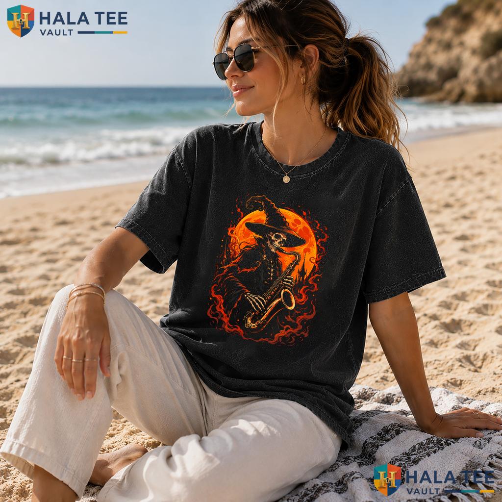 Skeleton Saxophone Heavyweight Washed Shirt Spooky Halloween Music Lover Casual Top