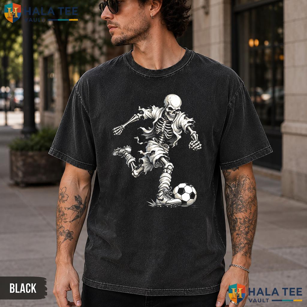 Skeleton Soccer Washed T-Shirt Playful Halloween Graphic Lover Apparel
