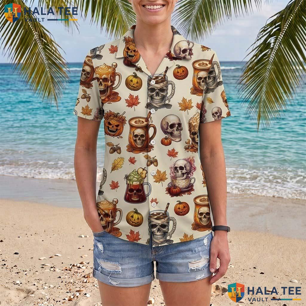 Skull Coffee Halloween Hawaiian Shirt Pumpkin Spice Latte Aloha Top Adult