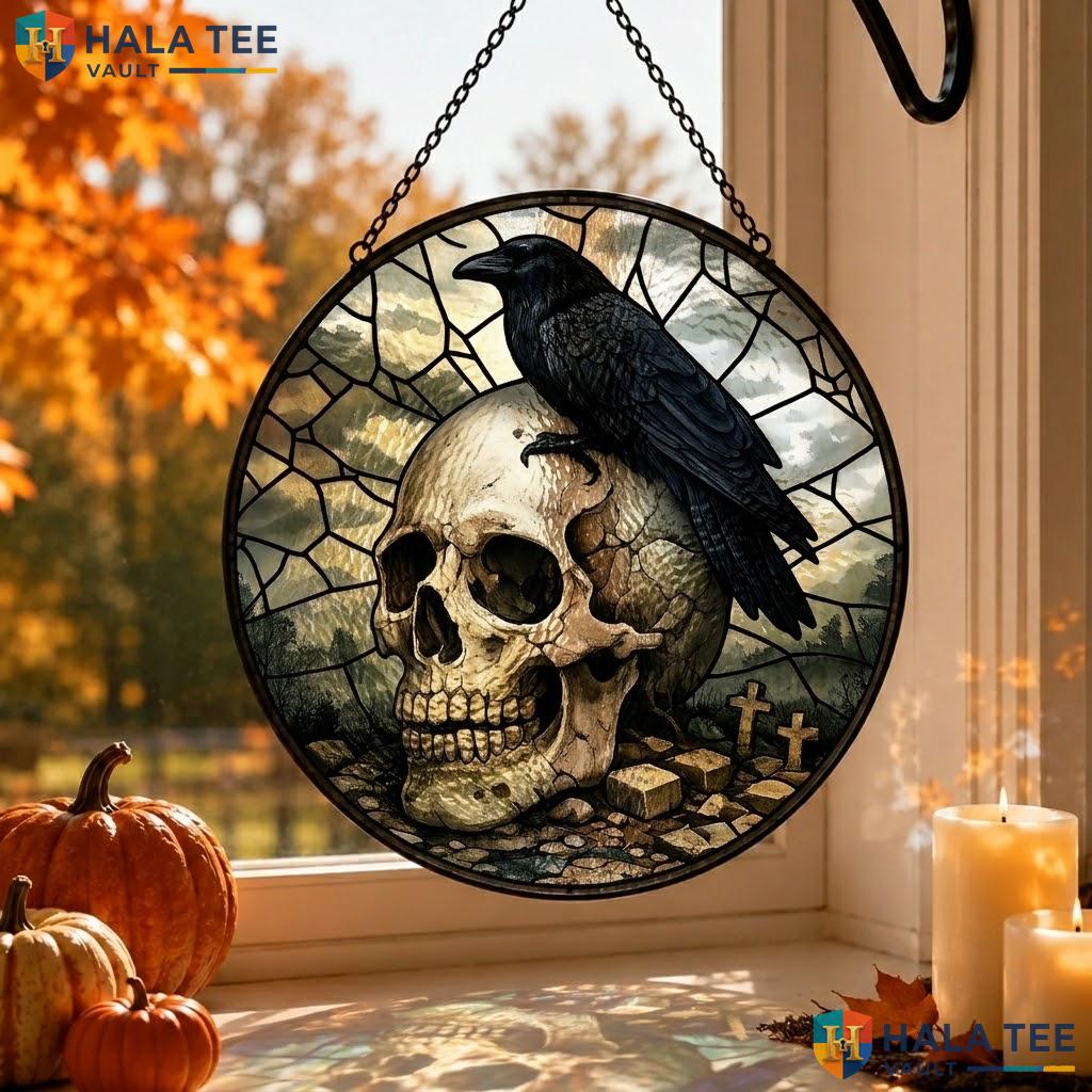 Skull Crow Moon Stained Glass Suncatcher Horror Aesthetic Wall Accent Adult