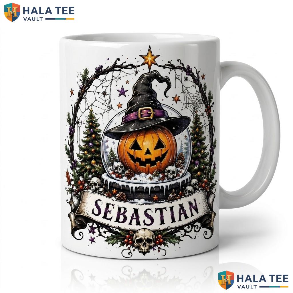 Snow Globe Skeleton Halloween Mug Custom Name Gothic Custom Ceramic Coffee Cup