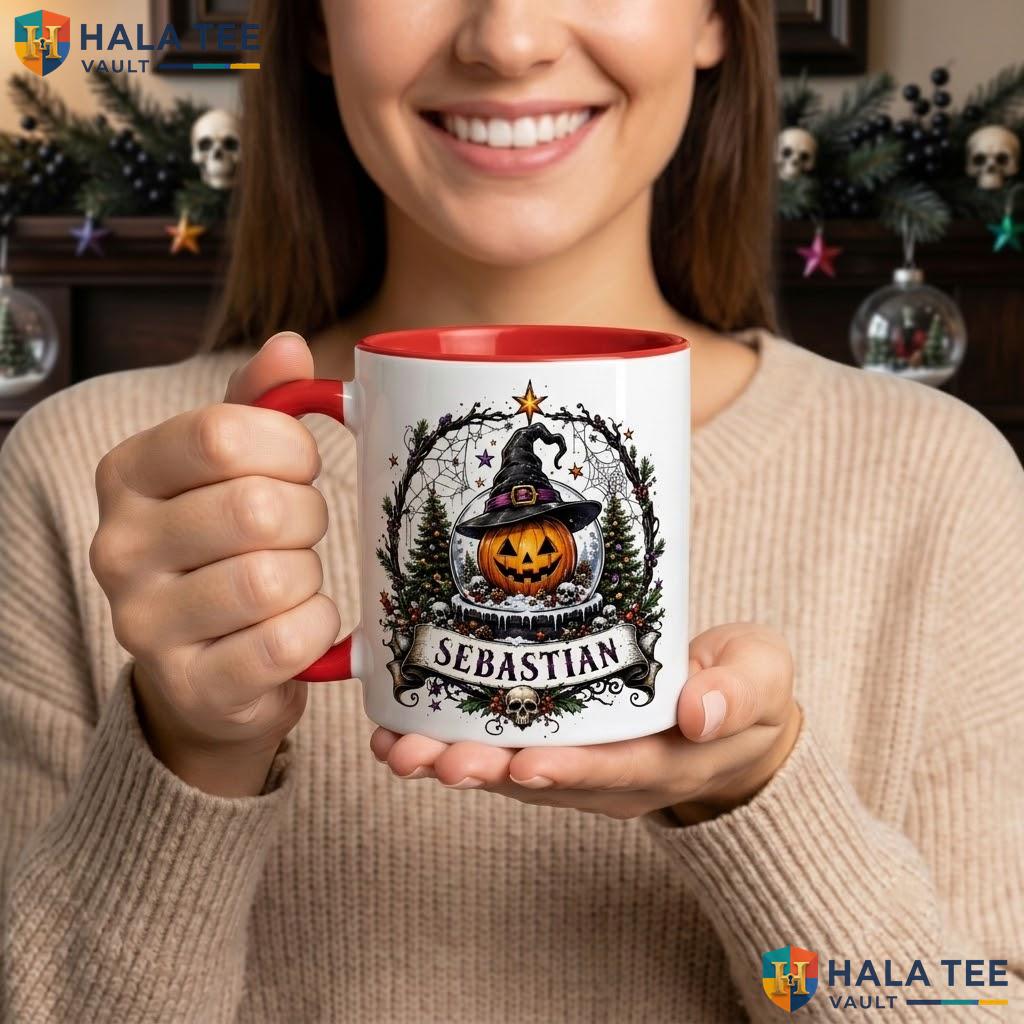 Snow Globe Skeleton Halloween Mug Custom Name Gothic Custom Ceramic Coffee Camping Mug