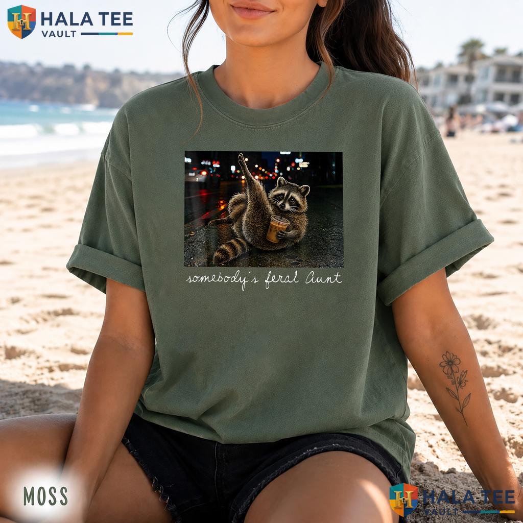 Somebodys Feral Aunt Retro Style T-Shirt Funny Raccoon Coffee Apparel Top