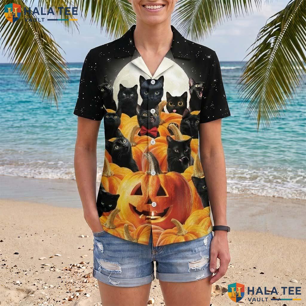 Spooky Cat Halloween Hawaiian Shirt Pumpkin Tropical Party Aloha Top Adult