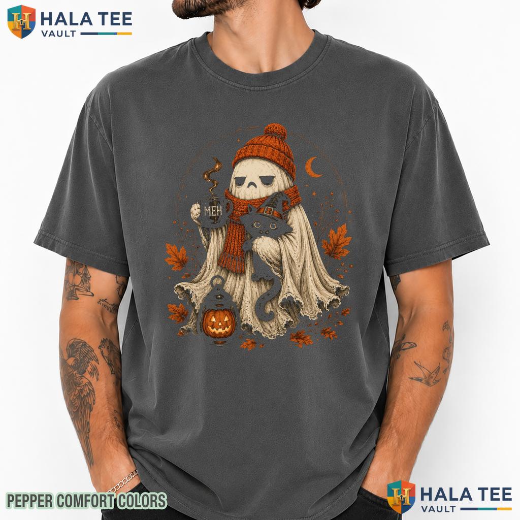 Spooky Ghost Cat Comfort Colors T Shirt Black Cat Iced Coffee Lover Apparel Vintage Washed Tee