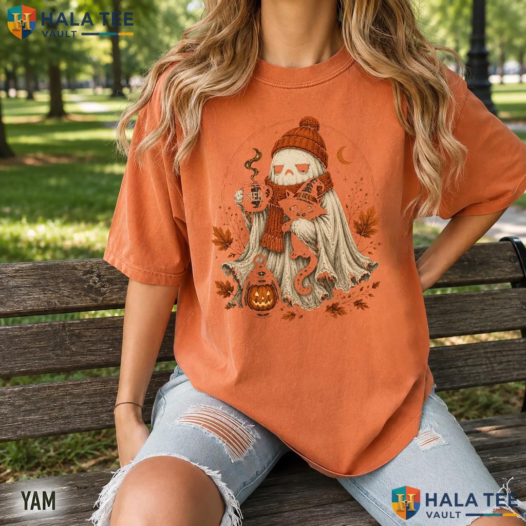 Spooky Ghost Cat Comfort Colors T Shirt Black Cat Iced Coffee Lover Apparel Relaxed Fit Tee