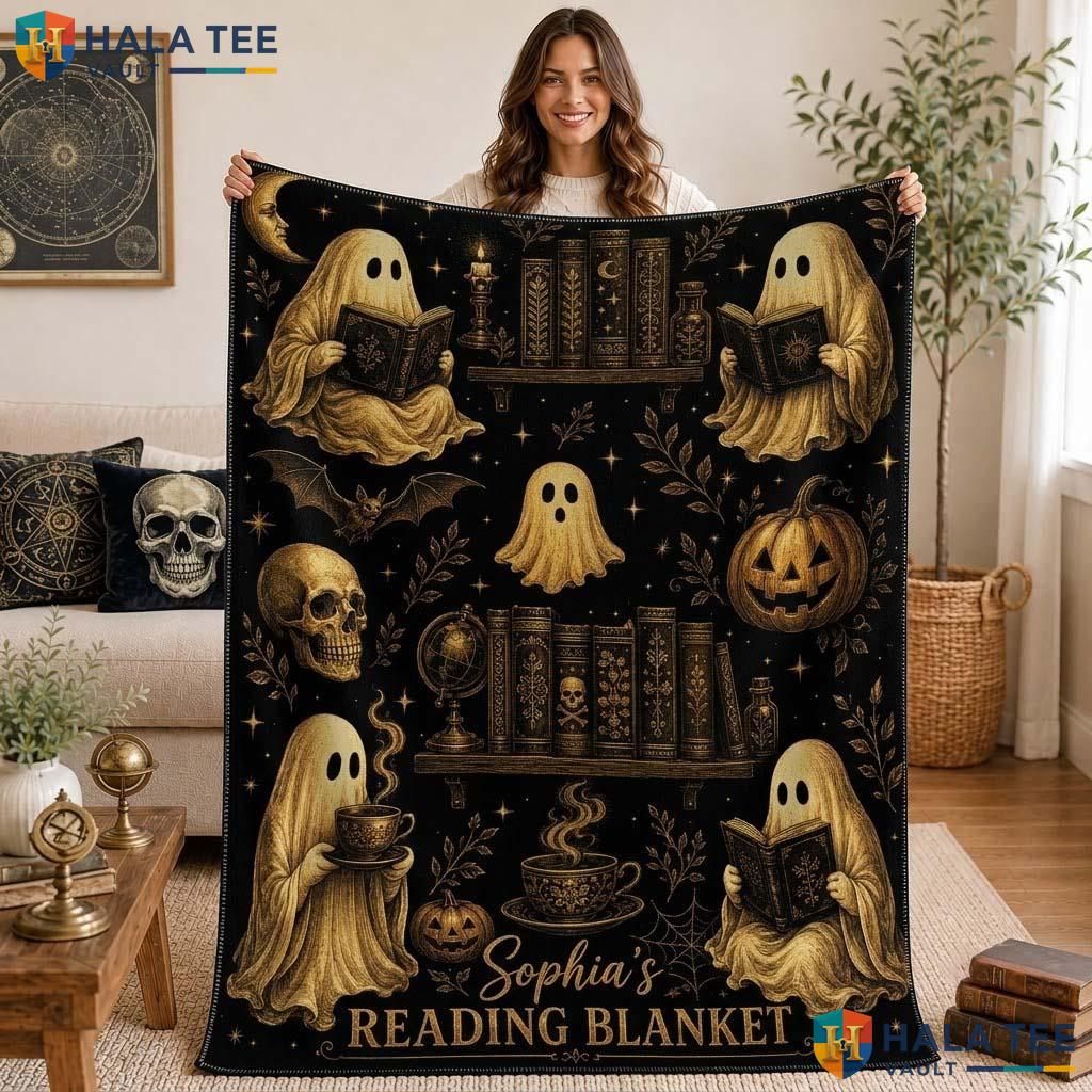 Spooky Ghost Halloween Blanket Personalized Book Lover Cozy Fall Throw