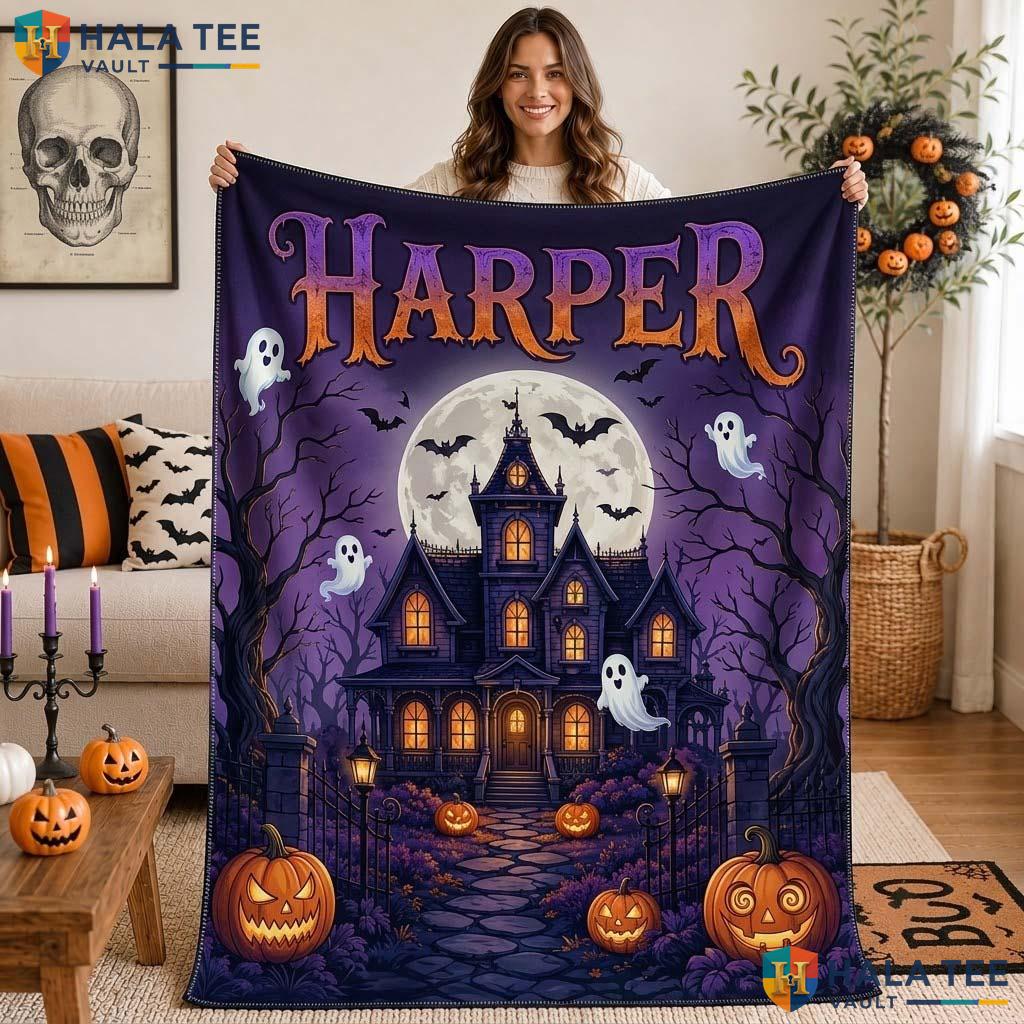 Spooky House Halloween Blanket Custom Name Fleece Fall Decor Throw