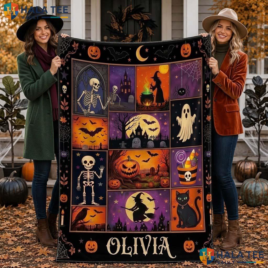 Spooky Patchwork Halloween Blanket Custom Name Vintage Ghost Cat